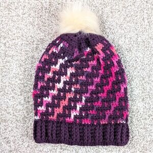 Womens Crochet Pom Beanie Hat Purple Pink White Geometric Pattern Cozy Winter